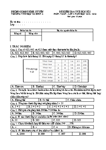 Đề kiểm tra cuối học kì 2 môn Toán Lớp 2 - Năm học 2022-2023 - Trường Tiểu học Bá Hiến A (Có đáp án)