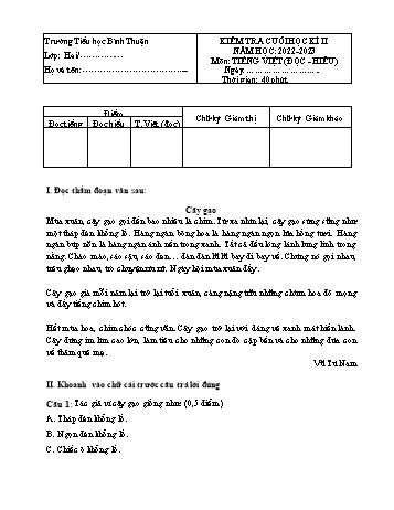 Đề kiểm tra cuối học kì II môn Tiếng Việt Lớp 2 - Năm học 2022-2023 - Trường Tiểu học Bình Thuận (Có đáp án)