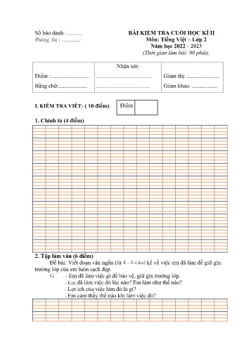 Đề kiểm tra cuối học kì II môn Tiếng Việt Lớp 2 - Năm học 2022-2023 - Trường Tiểu học Hùng Tiến (Có đáp án)