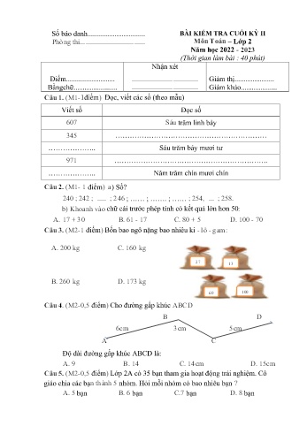Đề kiểm tra cuối học kì II môn Toán Lớp 2 - Năm học 2022-2023 - Trường Tiểu học Hùng Tiến (Có đáp án)