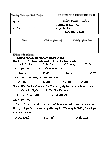 Đề kiểm tra cuối học kỳ II môn Toán Lớp 2 - Năm học 2022-2023 - Trường Tiểu học Bình Thuận (Có đáp án)