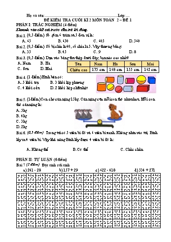 Đề kiểm tra cuối kì 2 môn Toán Lớp 2 - Năm học 2022-2023 - Đề 1