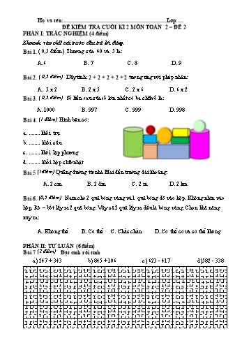 Đề kiểm tra cuối kì 2 môn Toán Lớp 2 - Năm học 2022-2023 - Đề 2