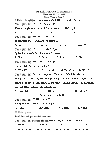 Đề kiểm tra cuối năm môn Toán Lớp 2 - Năm học 2021-2022 - Đề số 5