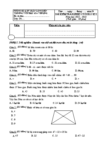 Đề kiểm tra định kì cuối học kì I môn Toán Lớp 2 - Năm học 2022-2023 - Trường Tiểu học Gia Thượng - Đề 2 (Có đáp án)