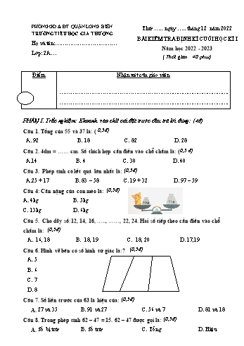 Đề kiểm tra định kì cuối học kì I môn Toán Lớp 2 - Năm học 2022-2023 - Trường Tiểu học Gia Thượng - Đề 1 (Có đáp án)