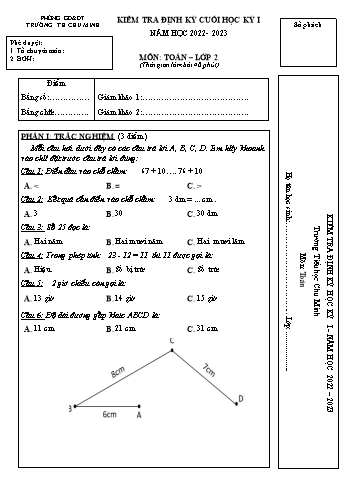 Đề kiểm tra định kỳ cuối học kỳ I môn Toán Lớp 2 - Năm học 2022-2023 - Trường Tiểu học Chu Minh (Có đáp án)
