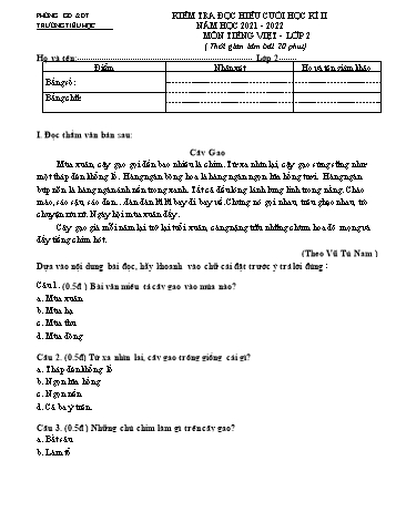 Đề kiểm tra đọc hiểu cuối học kì II môn Tiếng Việt Lớp 2 (Cánh diều) - Năm học 2021-2022 (Có đáp án)