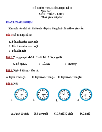 Đề kiểm tra giữa học kì II môn Toán Lớp 2 Sách Kết nối tri thức và cuộc sống (Có đáp án)