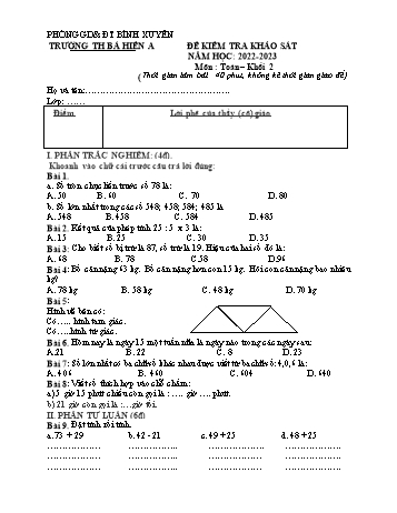 Đề kiểm tra khảo sát giữa kì II môn Toán Lớp 2 - Năm học 2022-2023 - Trường Tiểu học Bá Hiến A (Có đáp án)