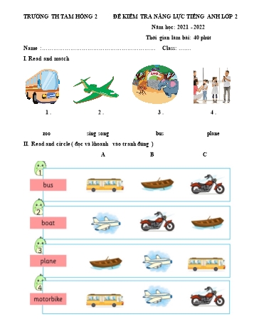 Đề kiểm tra năng lực môn Tiếng Anh Lớp 2 - Năm học 2021-2022 - Trường Tiểu học Tam Hồng 2