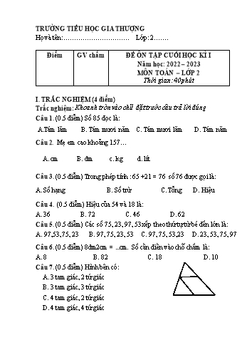 Đề ôn tập cuối học kì I môn Toán Lớp 2 - Năm học 2022-2023 - Trường Tiểu học Gia Thượng (Có đáp án)