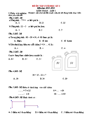 Đề ôn tập cuối học kỳ I môn Toán Lớp 2 - Năm học 2021-2022 - Đề số 5