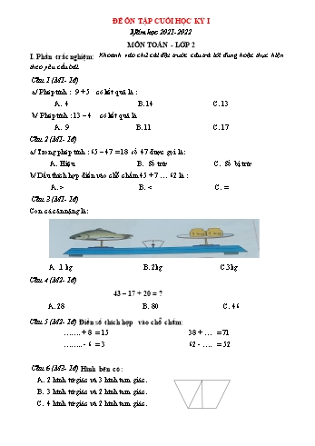 Đề ôn tập cuối học kỳ I môn Toán Lớp 2 - Năm học 2021-2022 - Đề số 2