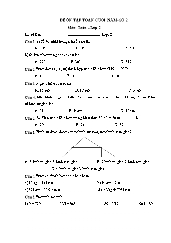 Đề ôn tập cuối năm số 2 môn Toán Lớp 2 - Năm học 2023-2024