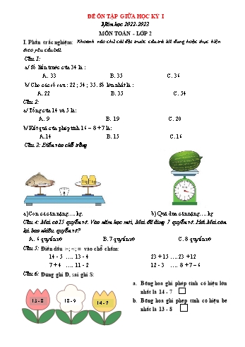 Đề ôn tập giữa học kỳ I môn Toán Lớp 2 - Năm học 2022-2023