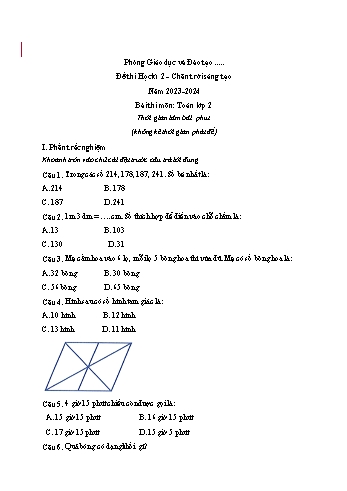 Đề thi học kì 2 môn Toán Lớp 2 (Chân trời sáng tạo) - Năm học 2023-2024 (Có đáp án)