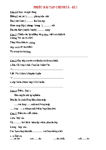 Phiếu bài tập Chính tả Lớp 2 - Học kì 2 - Năm học 2023-2024