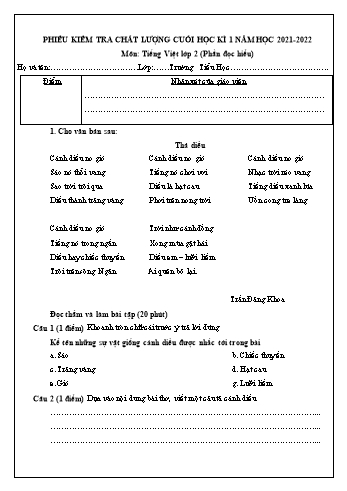 Phiếu kiểm tra chất lượng cuối học kì 1 môn Tiếng Việt Lớp 2 - Năm học 2021-2022