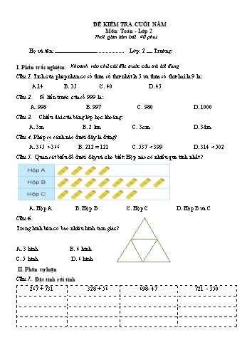 Bài kiểm tra cuối năm môn Toán Lớp 2 - Năm học 2021-2022 - Đề 3