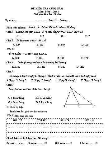 Bài kiểm tra cuối năm môn Toán Lớp 2 - Năm học 2021-2022 - Đề 4