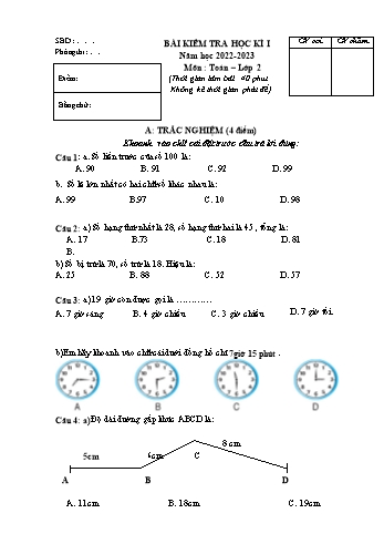 Bài kiểm tra học kì I môn Toán Lớp 2 - Năm học 2022-2023 (Có đáp án)