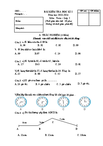 Bài kiểm tra học kì I môn Toán Lớp 2 - Năm học 2023-2024 (Có đáp án)