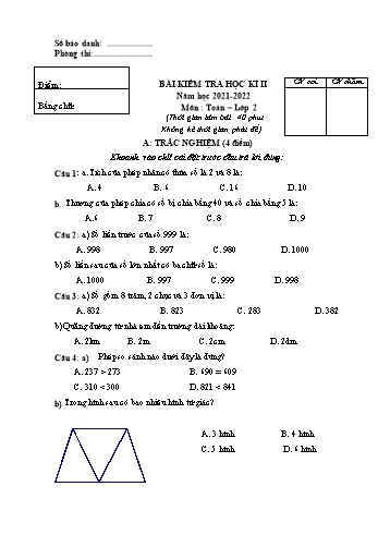 Bài kiểm tra học kì II môn Toán Lớp 2 - Năm học 2021-2022 (Có đáp án)