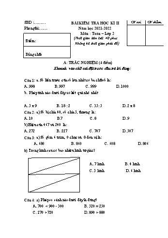 Bài kiểm tra học kì II môn Toán Lớp 2 - Năm học 2021-2022