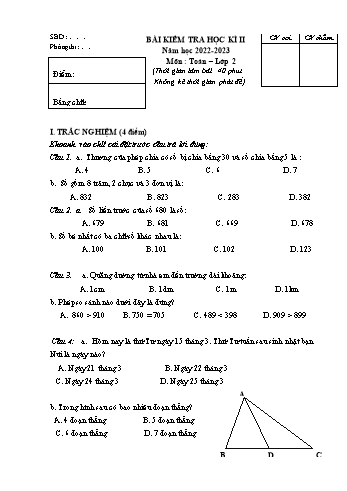 Bài kiểm tra học kì II môn Toán Lớp 2 - Năm học 2022-2023 - Đề 1 (Có đáp án)