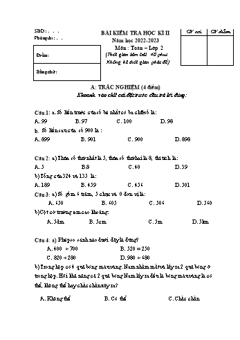 Bài kiểm tra học kì II môn Toán Lớp 2 - Năm học 2022-2023 - Đề 2 (Có đáp án)