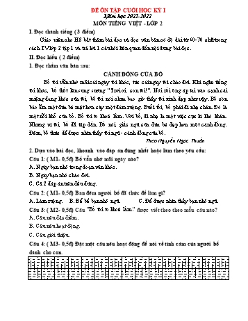 Đề ôn tập cuối học kỳ I môn Tiếng Việt Lớp 2 - Năm học 2021-2022 - Đề số 1