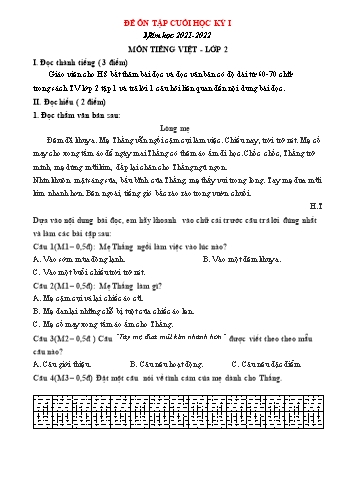 Đề ôn tập cuối học kỳ I môn Tiếng Việt Lớp 2 - Năm học 2021-2022 - Đề số 3