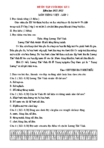 Đề ôn tập cuối học kỳ I môn Tiếng Việt Lớp 2 - Năm học 2021-2022 - Đề số 2