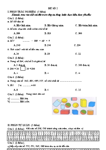 Đề ôn tập giữa học kì 2 môn Toán Lớp 2 - Năm học 2022-2023 - Đề số 2