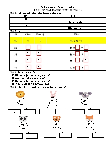 Phiếu bài tập ôn tập môn Toán Lớp 2 (Kết nối tri thức và cuộc sống) - Tuần 1 - Năm học 2022-2023