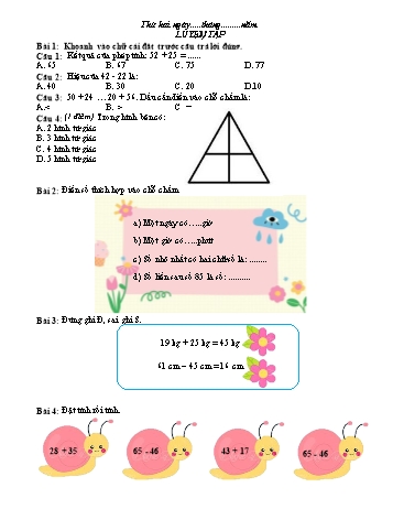 Phiếu bài tập ôn tập môn Toán Lớp 2 (Kết nối tri thức và cuộc sống) - Tuần 19 - Năm học 2022-2023