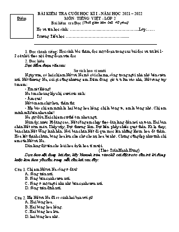 Bài kiểm tra cuối học kì I môn Tiếng Việt Lớp 2 - Năm học 2021-2022 - Trường Tiểu học Mỹ Lộc (Có đáp án)