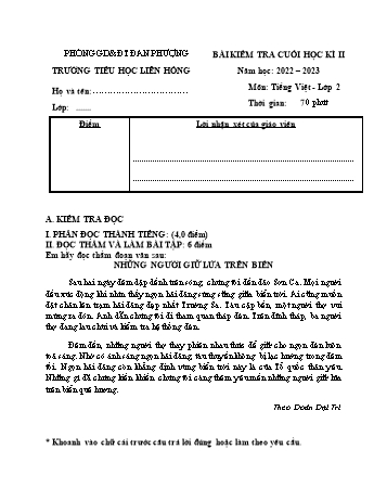 Bài kiểm tra cuối học kì II môn Tiếng Việt Lớp 2 - Năm học 2022-2023 - Trường Tiểu học Liên Hồng (Có đáp án)