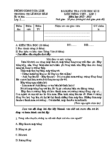 Bài kiểm tra cuối học kì II môn Tiếng Việt Lớp 2 - Năm học 2021-2022 - Trường Tiểu học Lê Ngọc Hân (Có đáp án)