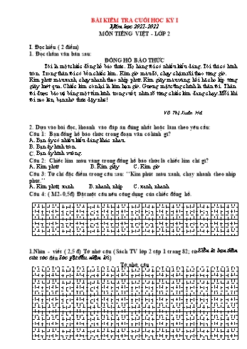 Bài kiểm tra cuối học kỳ I môn Tiếng Việt Lớp 2 (Kết nối tri thức và cuộc sống) - Năm học 2021-2022