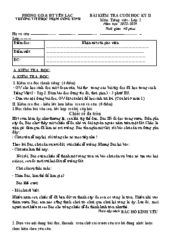 Bài kiểm tra cuối học kỳ II môn Tiếng Việt Lớp 2 - Năm học 2023-2024 - Trường Tiểu học Phạm Công Bình - Đề 1 (Có đáp án)