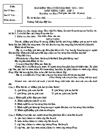 Bài kiểm tra cuối năm môn Tiếng Việt Lớp 2 - Năm học 2021-2022 - Trường Tiểu học Mỹ Lộc (Có đáp án)