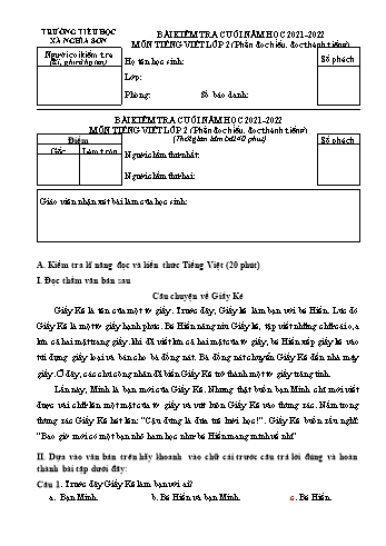 Bài kiểm tra cuối năm môn Tiếng Việt Lớp 2 - Năm học 2021-2022 - Trường Tiểu học Nghĩa Sơn (Có đáp án)