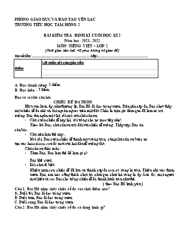Bài kiểm tra định kì cuối học kì 2 môn Tiếng Việt Lớp 2 - Năm học 2021-2022 - Trường Tiểu học Tam Hồng 2