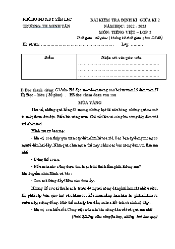 Bài kiểm tra định kì giữa kì 2 môn Tiếng Việt Lớp 2 - Năm học 2022-2023 - Trường Tiểu học Minh Tân (Có đáp án)