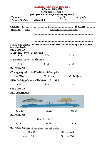 Đề kiểm tra cuối học kỳ I môn Toán Lớp 2 - Năm học 2021-2022 (Có đáp án)