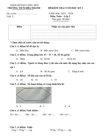 Đề kiểm tra cuối học kỳ I môn Toán Lớp 2 - Năm học 2023-2024 - Trường Tiểu học Nghĩa Thành (Có đáp án)