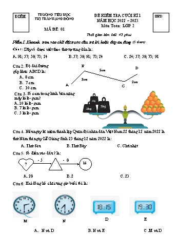 Đề kiểm tra cuối kì 1 môn Toán Lớp 2 - Năm học 2022-2023 - Trường Tiểu học Thị trấn Rạng Đông