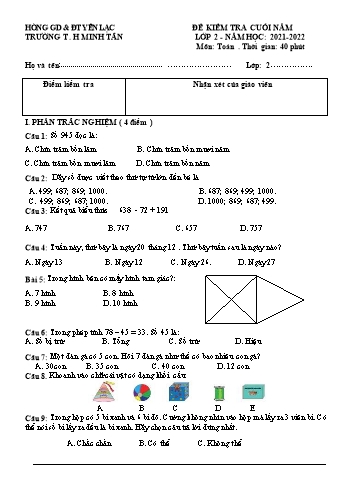 Đề kiểm tra cuối năm môn Toán Lớp 2 - Năm học 2021-2022 - Trường Tiểu học Minh Tân